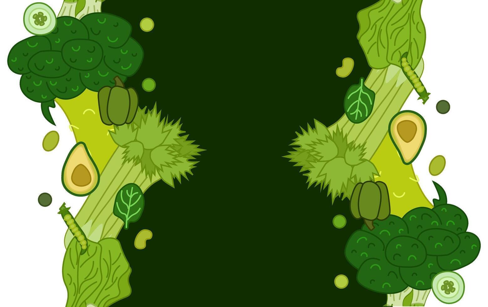 Green vegetable seamless vertical border frame. flat Fresh organic veggie card print for kitchen, menu, food package design with cabbage, zucchini, celery. Eat green vector