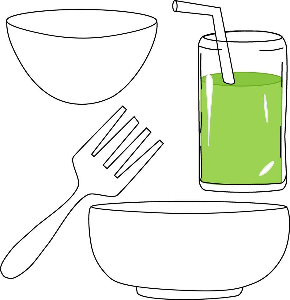 Dish fork bowl glass set sketch. Flat outline illustration for package, kitchen design, fabric and textile. vector