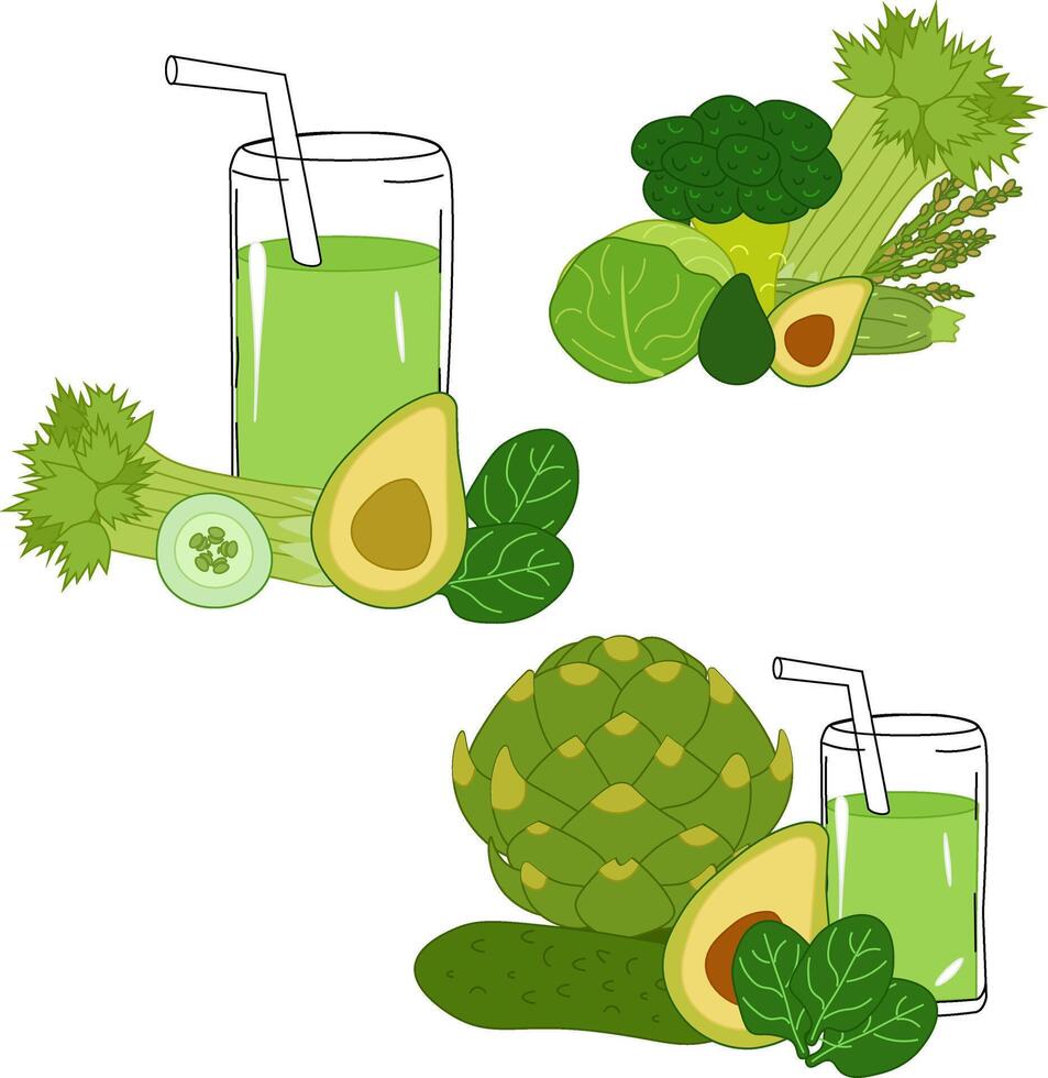 Smoothie green healthy juice fresh diet set. Organic vegetable shake smoothie. Green fruits and vegetables mix in glass jar. flat composition. Ideal for menu and package designs. Eat green vector