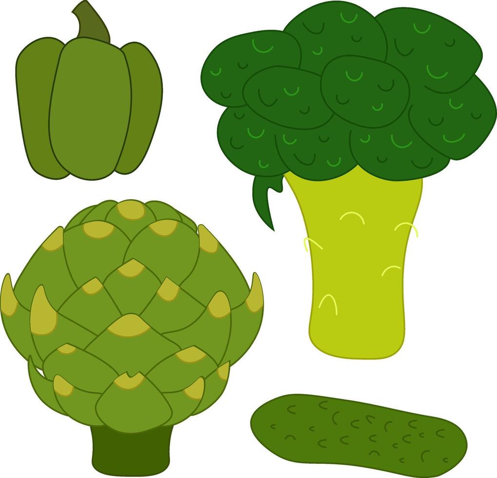 Broccoli, bell pepper, artichoke, cucumber isolated set of cute vegetable icons. flat illustration. Vegetable background for banners, print for fabric, labels, t-shirt printing. Eat green vector
