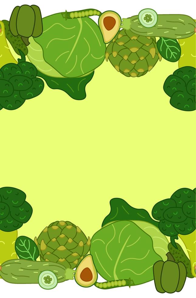 Green vegetables frame seamless horizontal border. flat illustration for cards, food design, recipe, cook book, packages, menu, food ads and decor Eat green vector