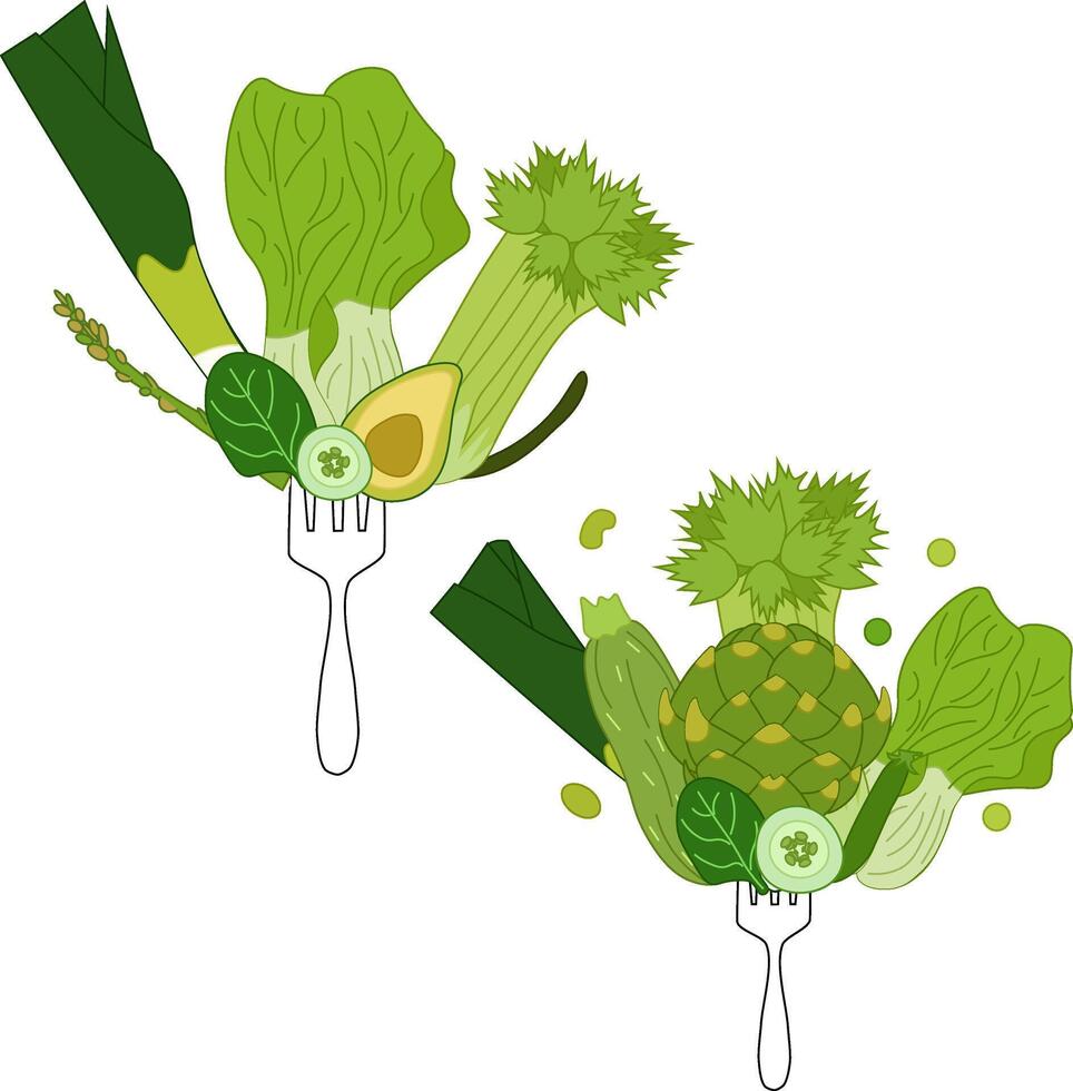 Vegan Food green veggies on fork. Flat composition set. Healthy Eating And Plant Based Diet. Vegetarian Nutrition Concept. For logo, web, package, sticker. Eat green vector