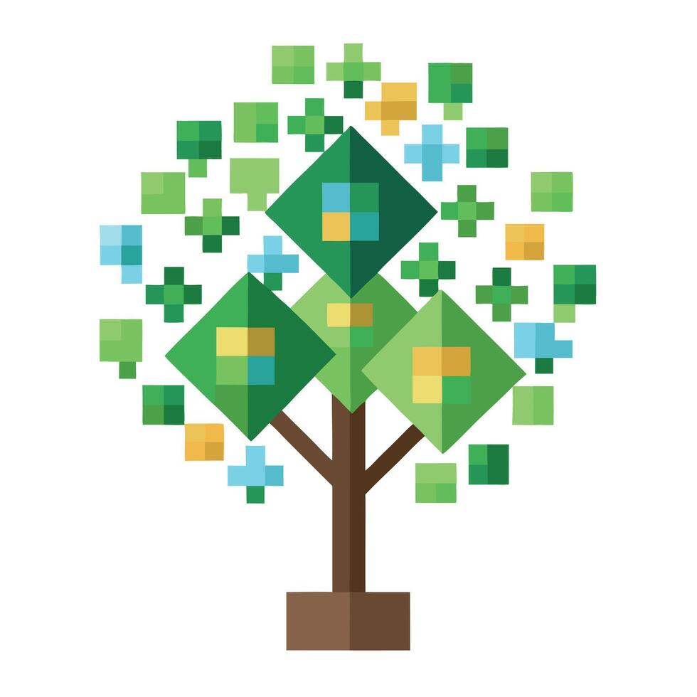 Modern Design Tree with Digital Pixel Leaves Generating Abstract Patterns vector