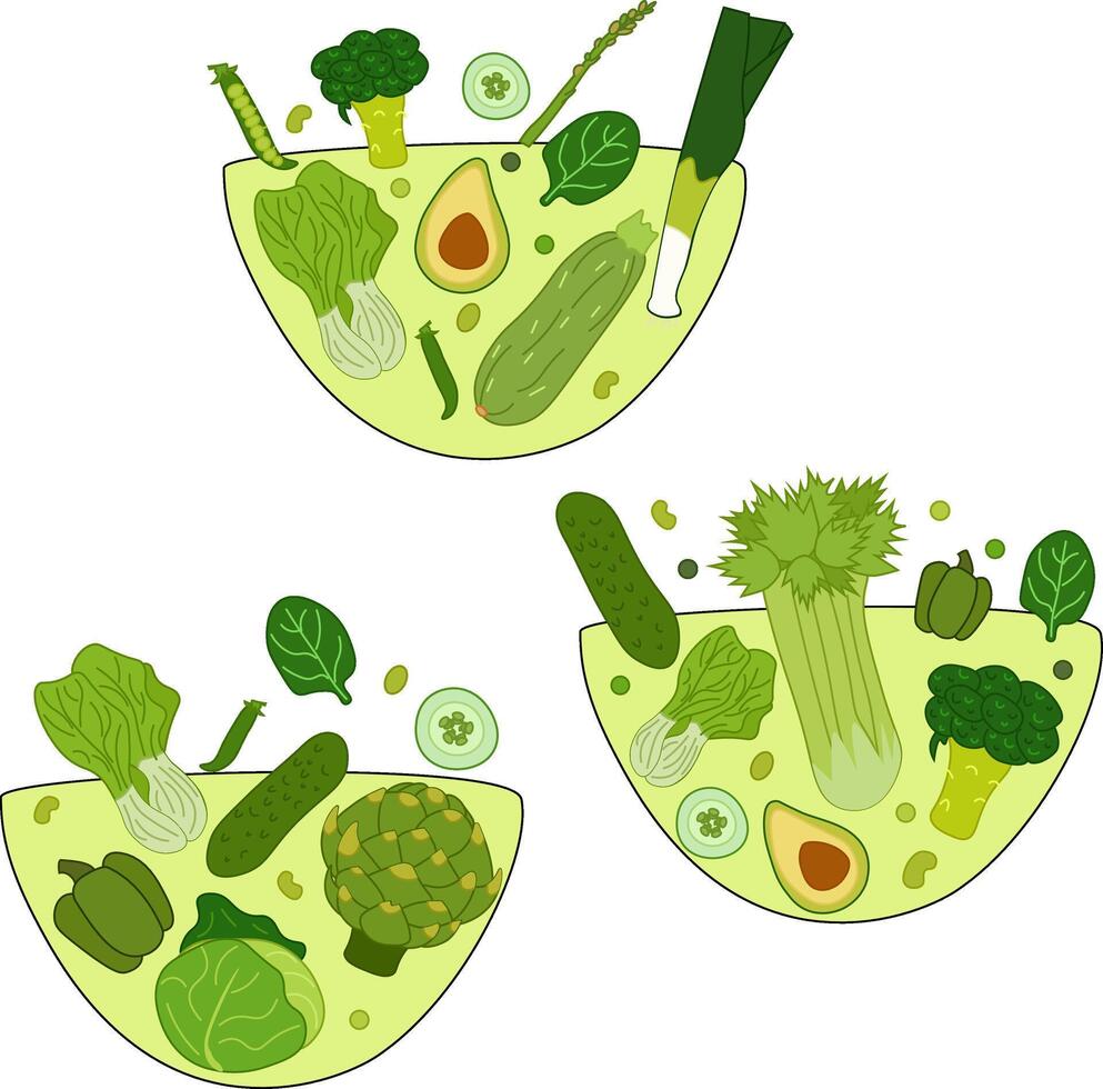 Salad bowl with fresh tasty vegetables set. Green spinach, tomatoes, red onion, cucumber, and yellow pepper. Healthy and beneficial food. Flat illustration isolated on white background. vector