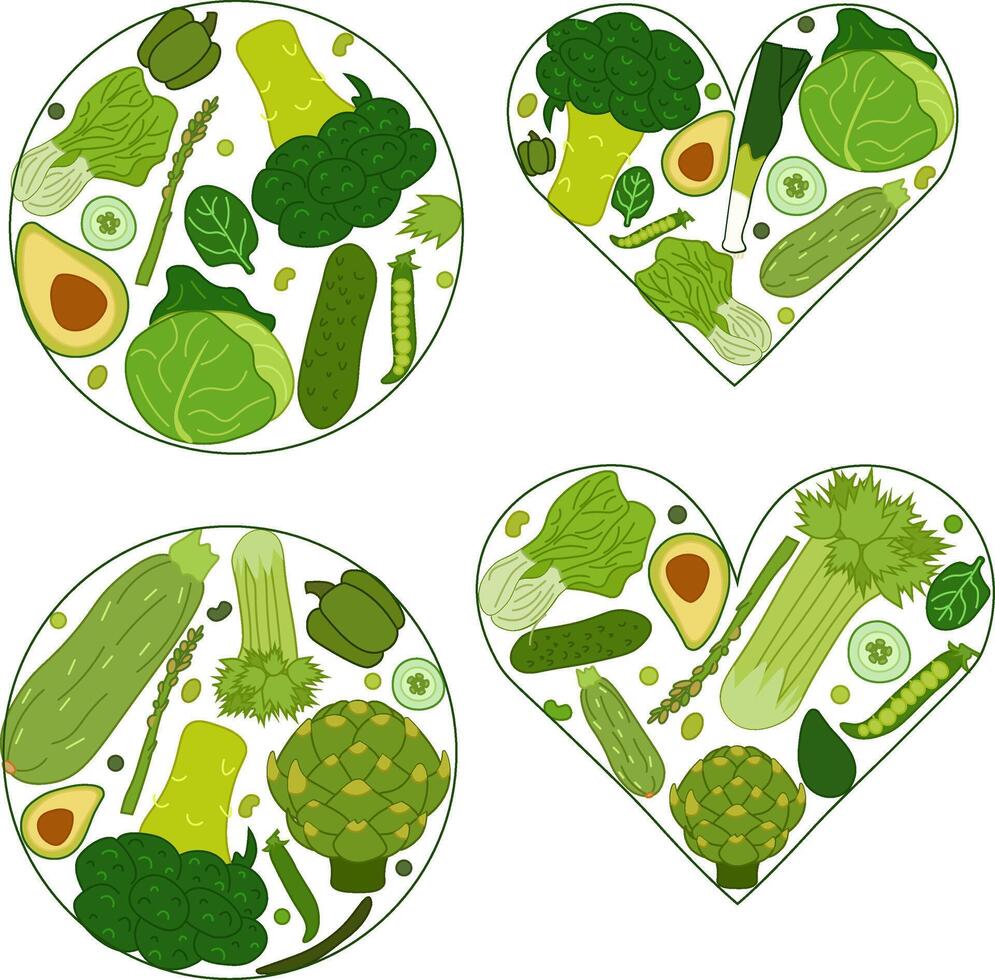 Fresh green veggies Round and heart Composition set. flat composition. Banner, poster, wrapping paper, sticker, print, modern textile design. Eat green vector