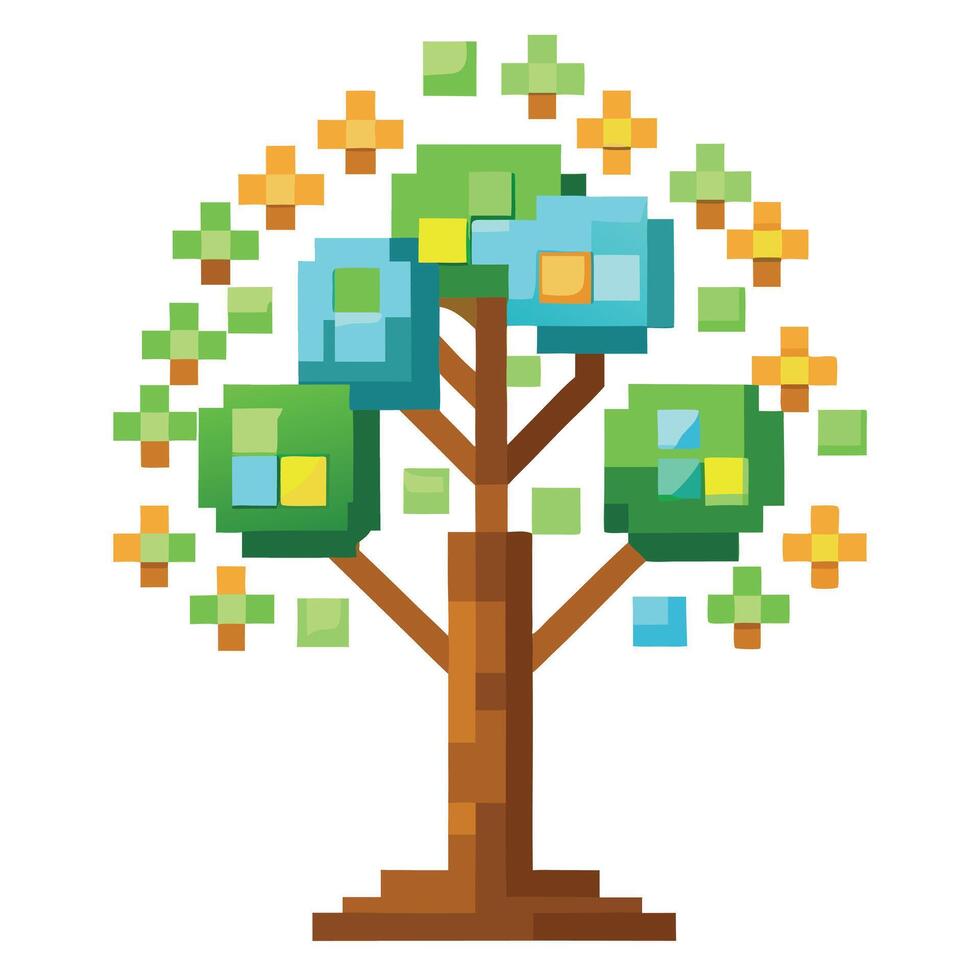Abstract Tree with Digital Pixel Leaves Designed for Modern Graphics vector