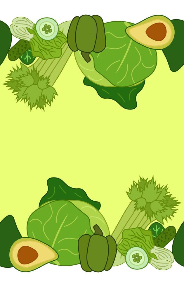 Green vegetable frame seamless horizontal border. flat card template Fresh organic veggie print for kitchen, menu, food package design with cabbage, zucchini, celery. Eat green vector