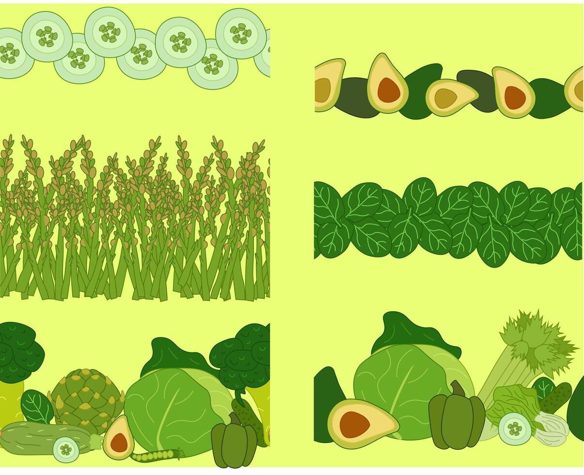 Green veggies Horizontal border consisted of fresh vegetable set. flat illustration. Banner, poster, wrapping paper, sticker, print, modern textile design. Eat green vector