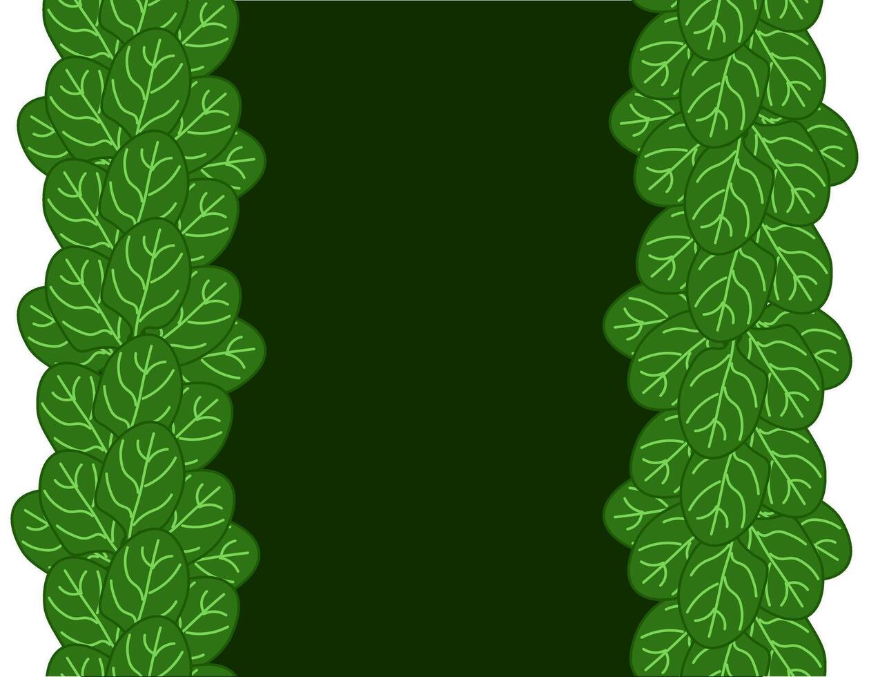 Green spinach leaves frame seamless vertical border leafy vegetables frame, boxing, bordering. card template. flat illustration banners, print for fabric, labels, t-shirt printing. Eat green vector