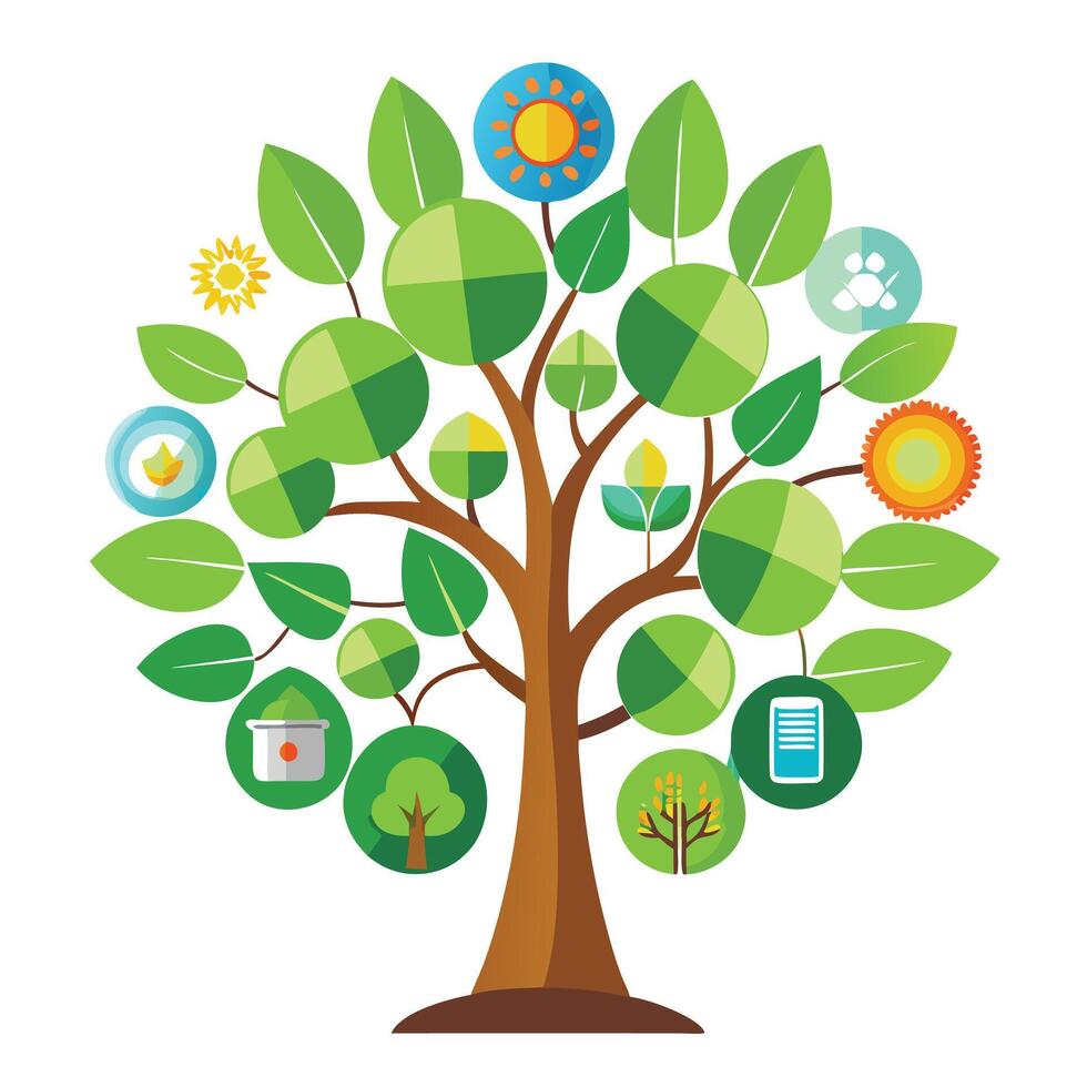 Flat Tree Design with Eco Icons as Leaves Style vector