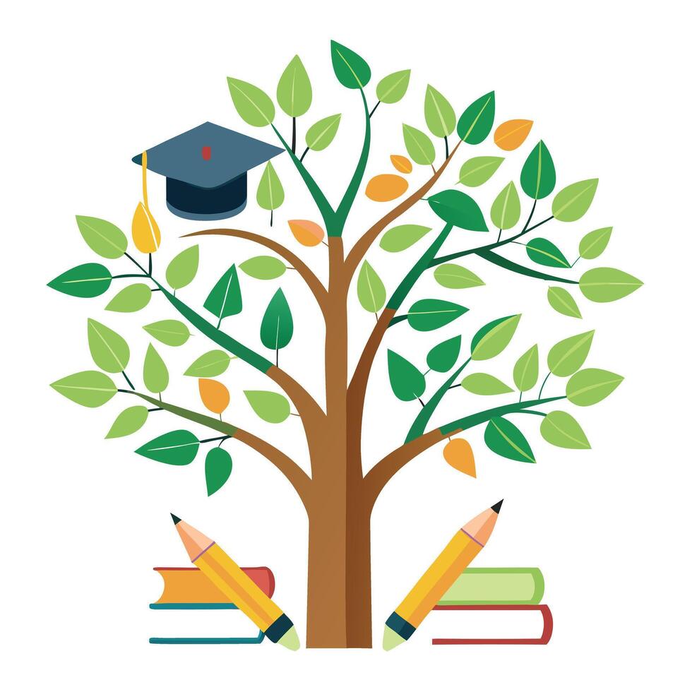 Design with Educational Book Leaves for Flat Tree vector