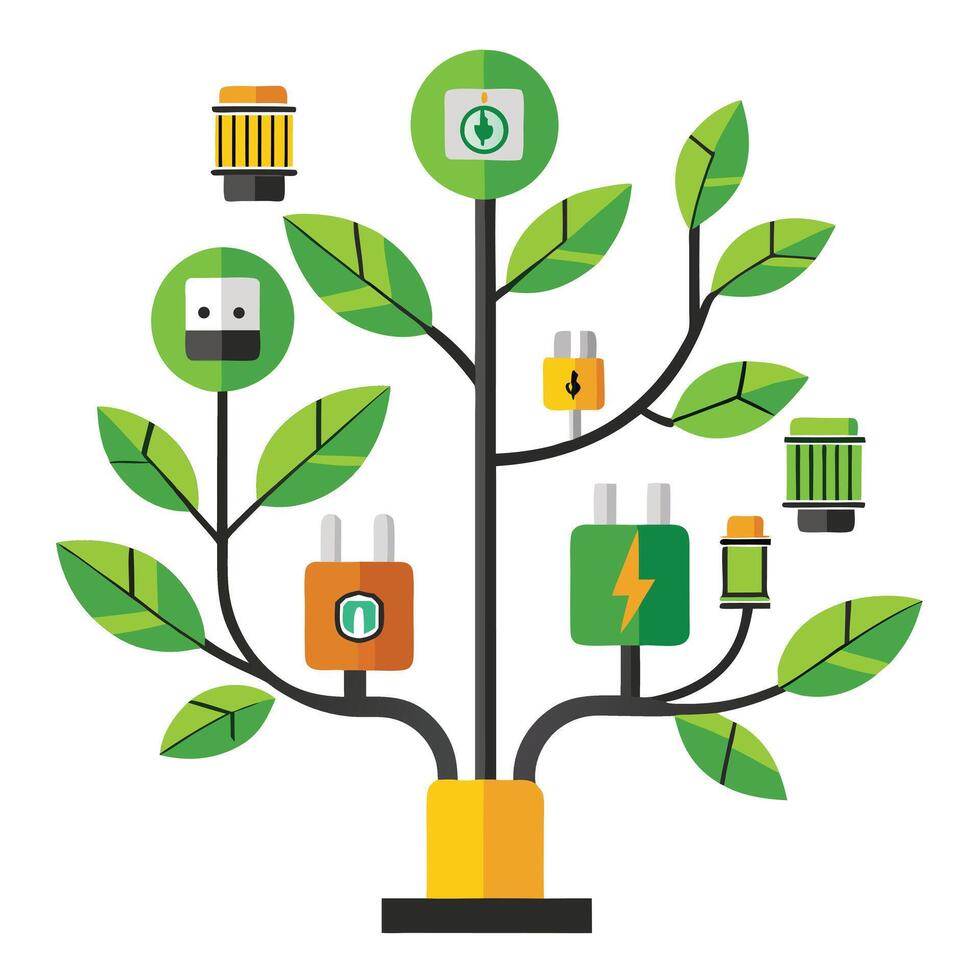 Electric Plug and Battery Leaves for Flat Tree Design vector