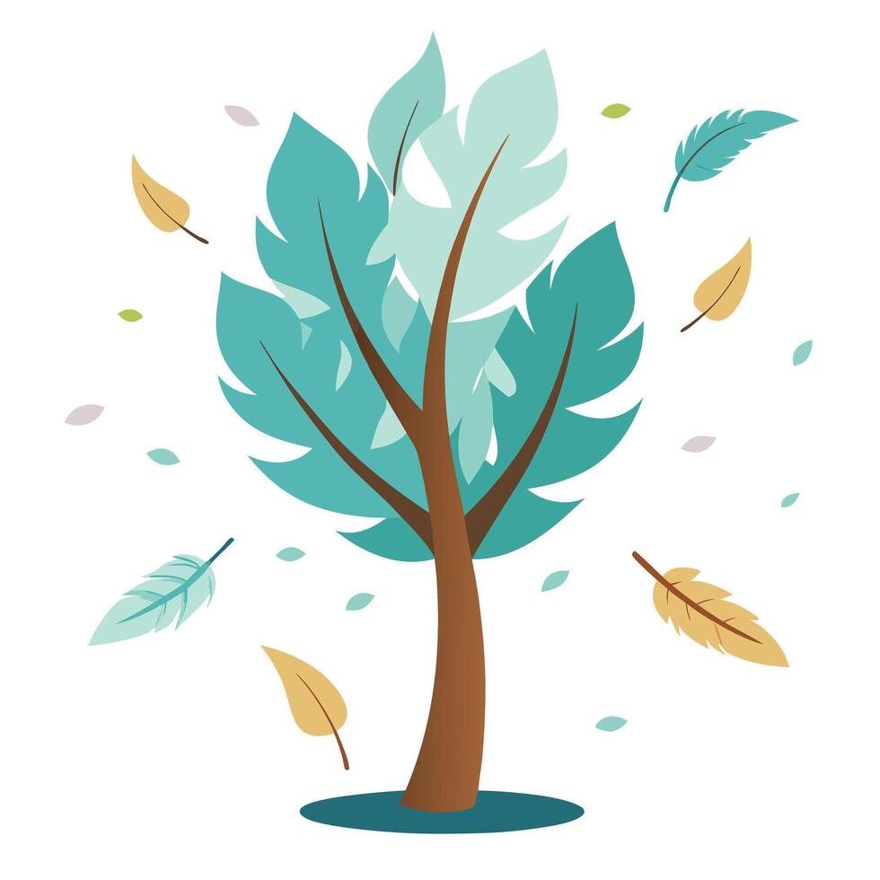 Design with Feather Leaves Floating in the Wind for Flat Tree vector