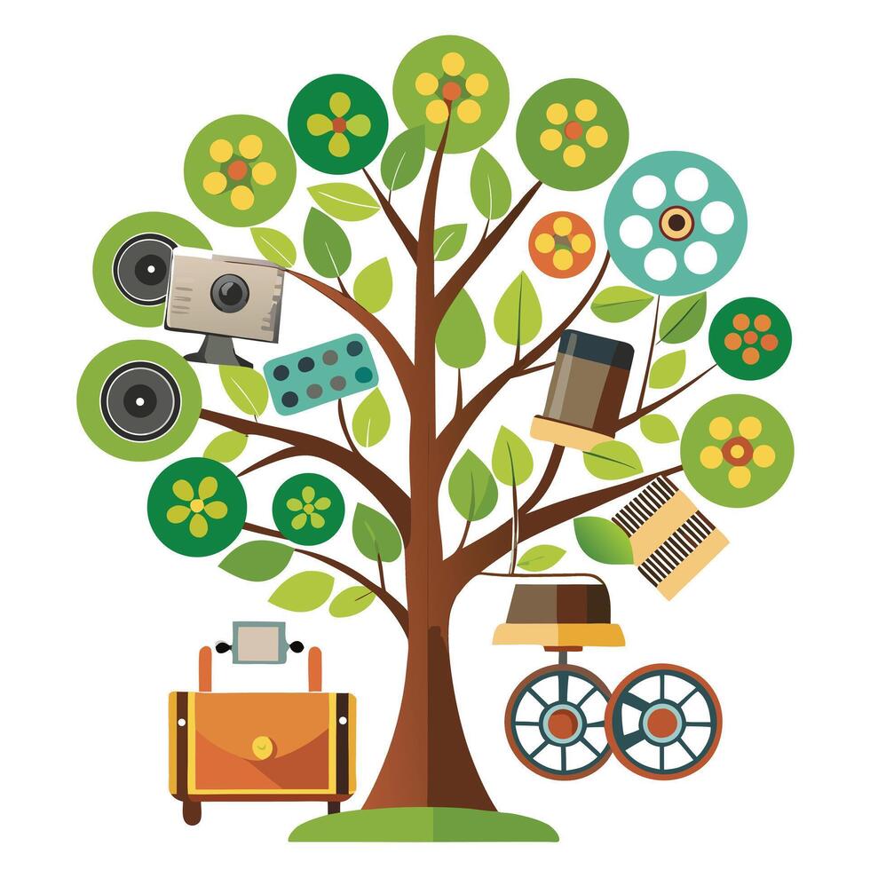 Innovative Tree with Film Reel and Camera Leaves in a Modern Style vector