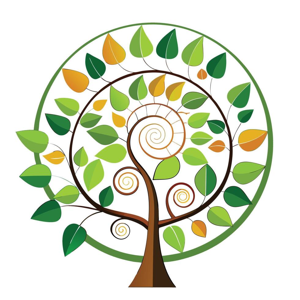 Unique Tree with Fibonacci Spiral Leaves in a Whimsical Design vector