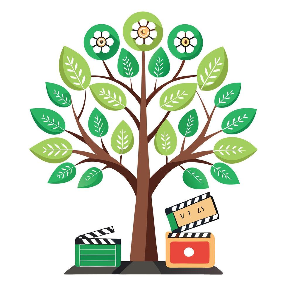 Imaginative Tree with Film Reel and Clapperboard Leaves in a Fantastical Design vector