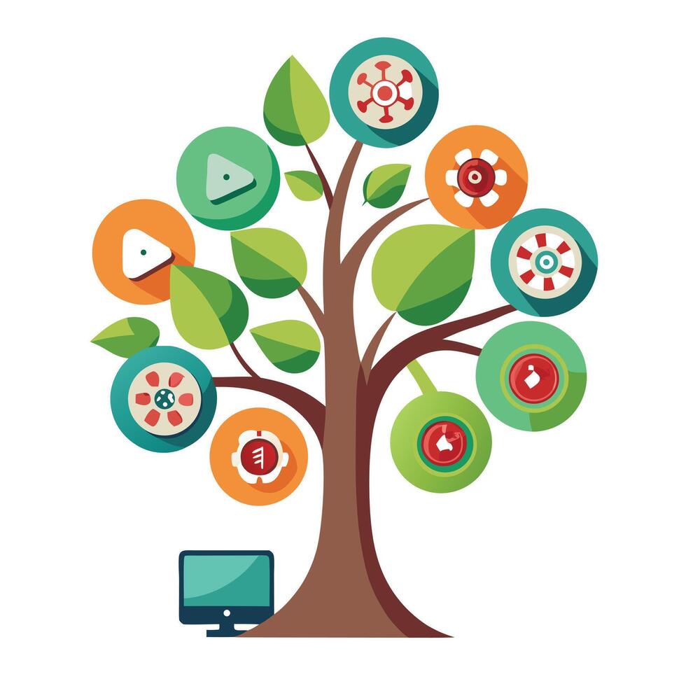 Imaginative Tree with Film Reel and Play Button Leaves in a Fantastical Design vector