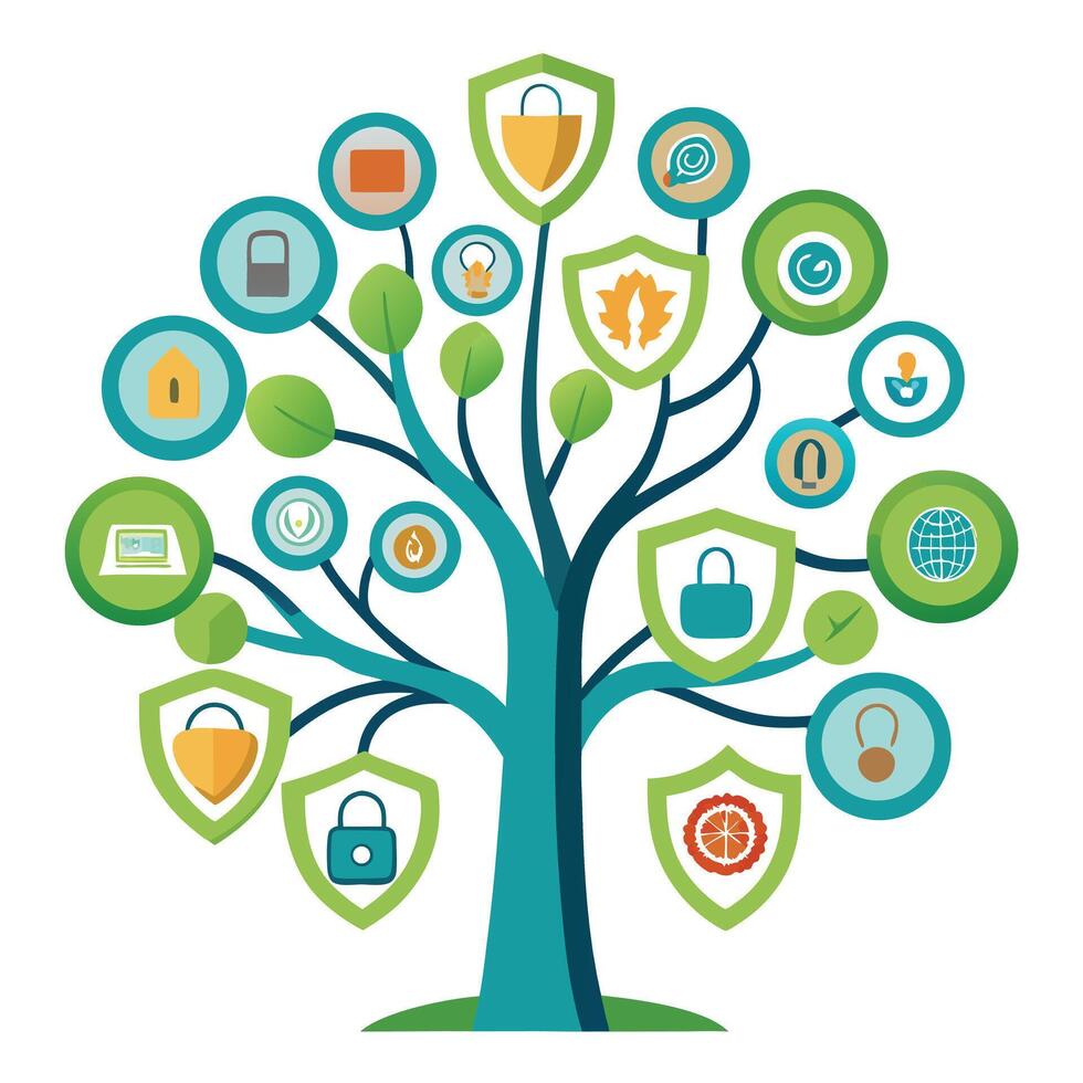 Artistic Tree with Fingerprint and Security Icon Leaves in a Colorful Design vector