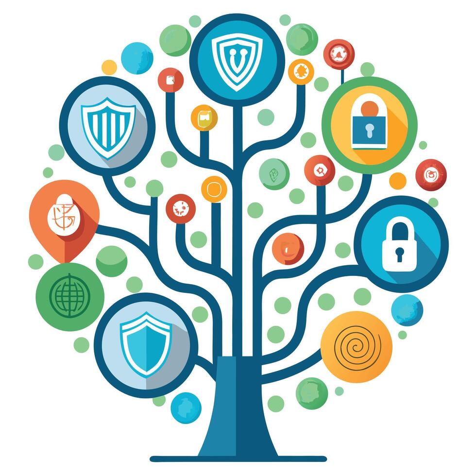 Imaginative Tree with Fingerprint and Security Icon Leaves in a Fantastical Design vector