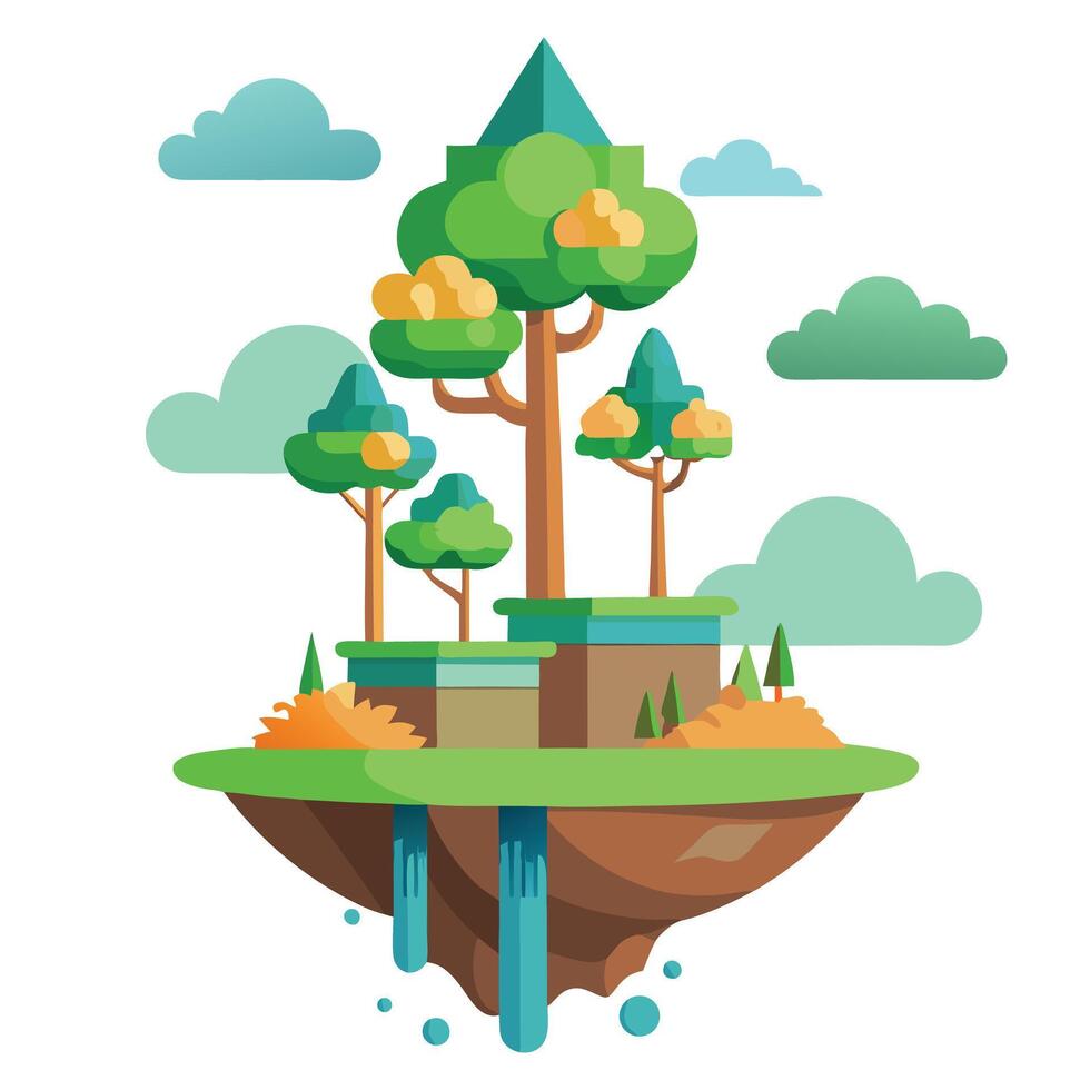 Flat Tree Design with Floating Island Leaves Style vector