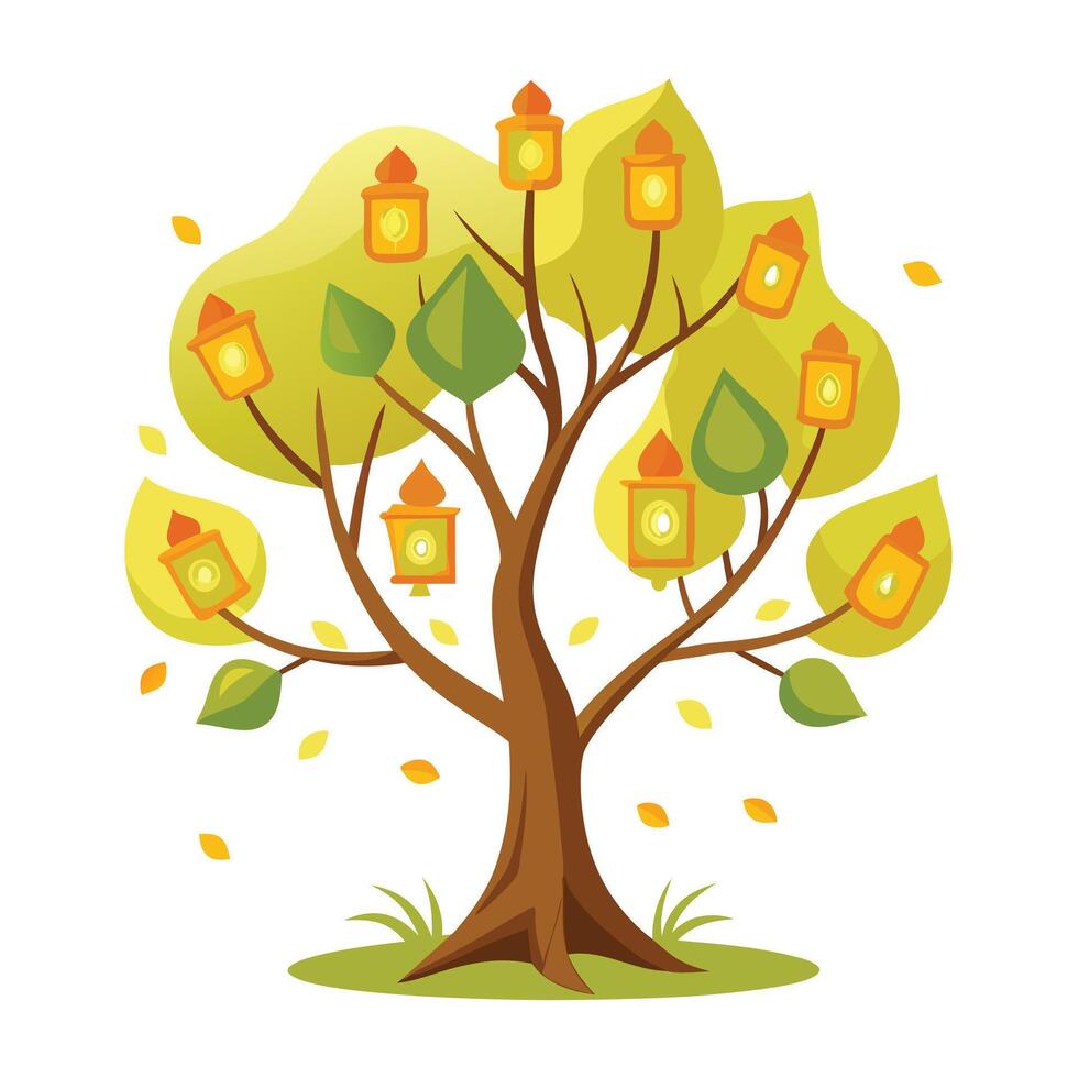 Flat Tree Design with Floating Lantern Leaves Style and Isolated on a white Background vector