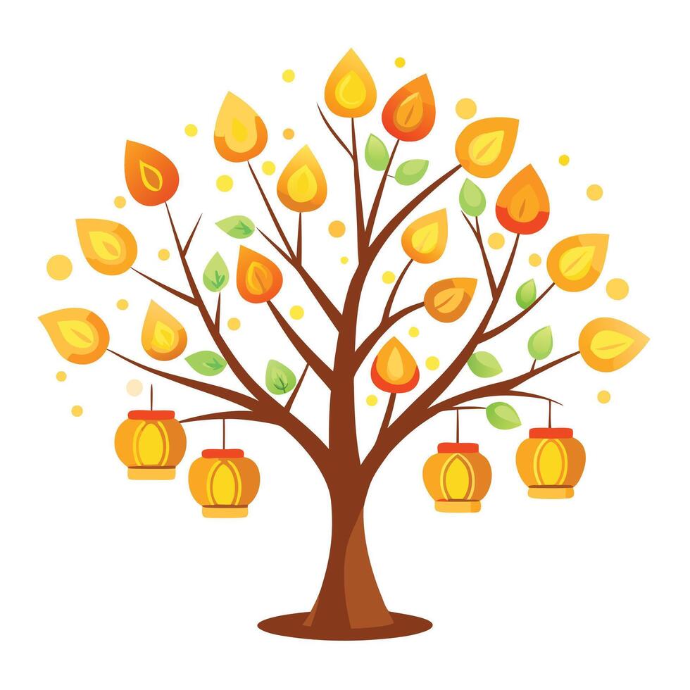 Flat Tree Design with Floating Lantern Leaves Style and isolated background vector