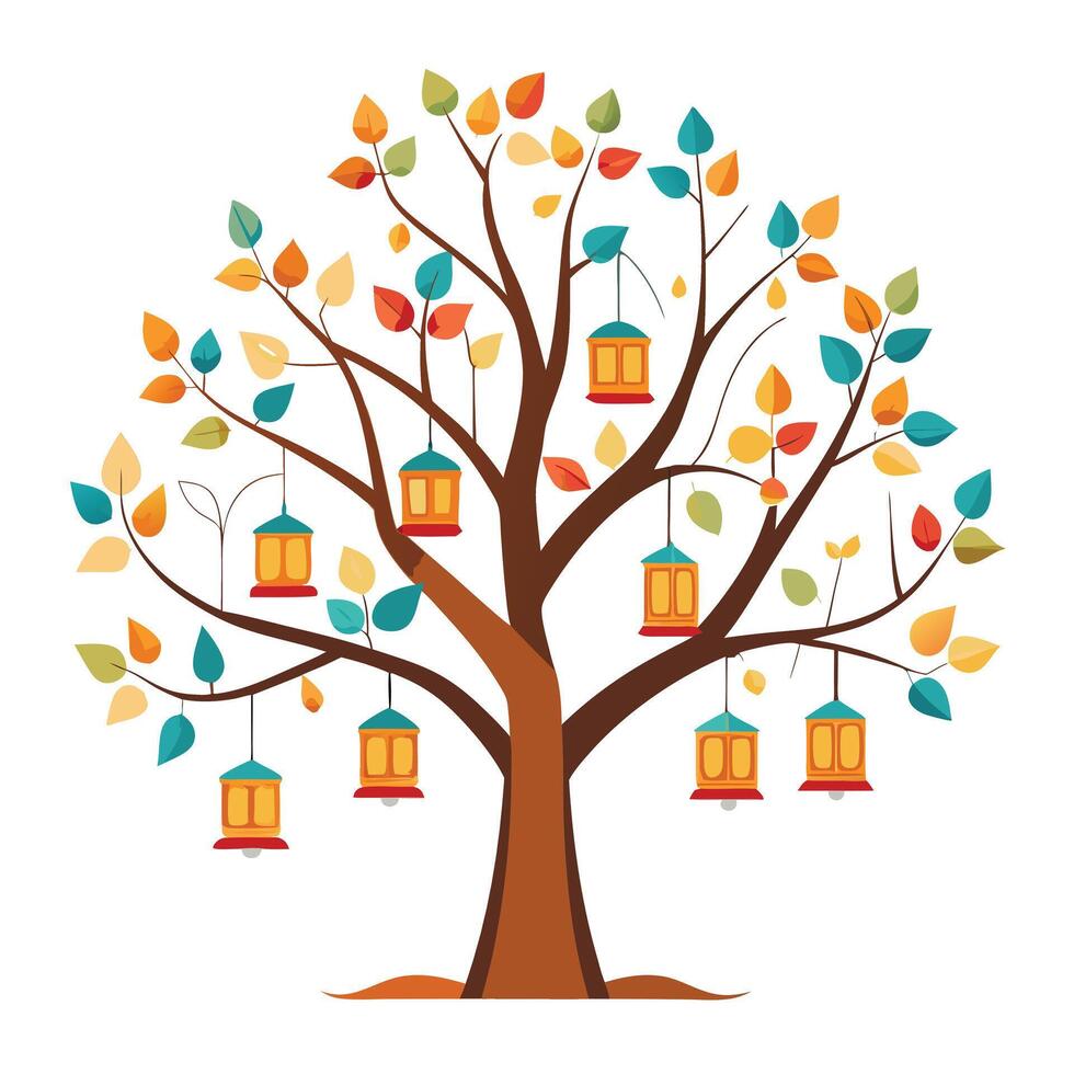 Design Floating Lanterns Instead of Leaves for Flat Tree Style vector