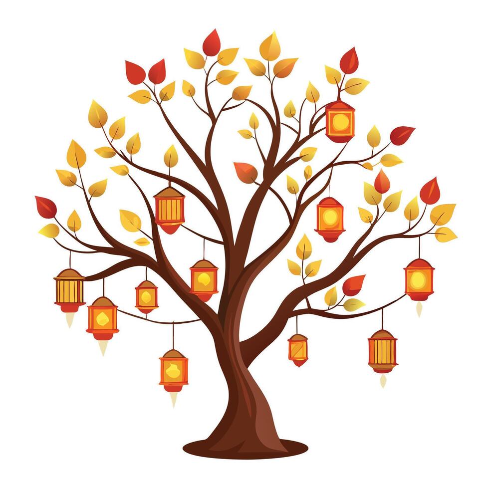 Design Floating Lanterns as Leaves for Flat Tree Style vector
