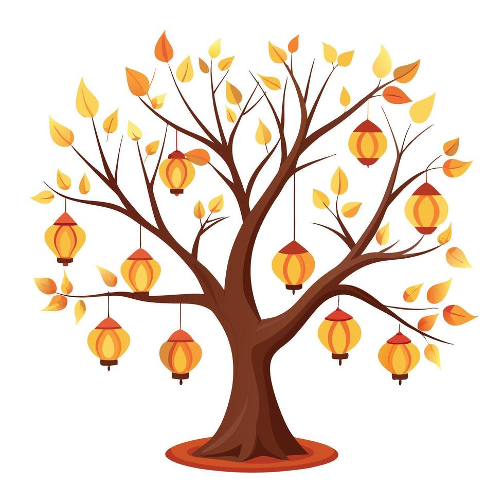 Floating Lanterns as Leaves for Flat Tree Design Style vector