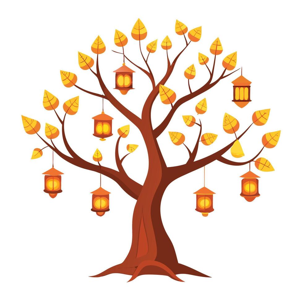 Floating Lanterns Instead of Leaves for Flat Tree Design Style vector