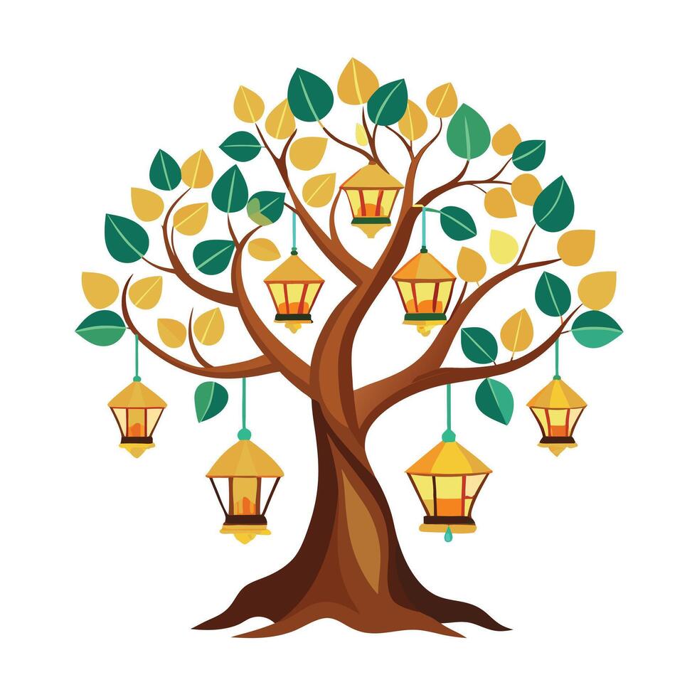 Floating Lanterns Instead of Leaves Design for Flat Tree Style vector