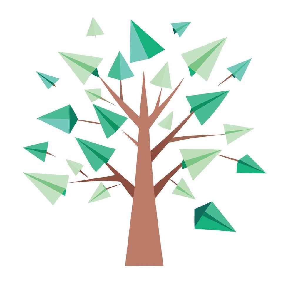 Flat Tree Design with Floating Paper Airplane Leaves Style Isolated on a white Background vector