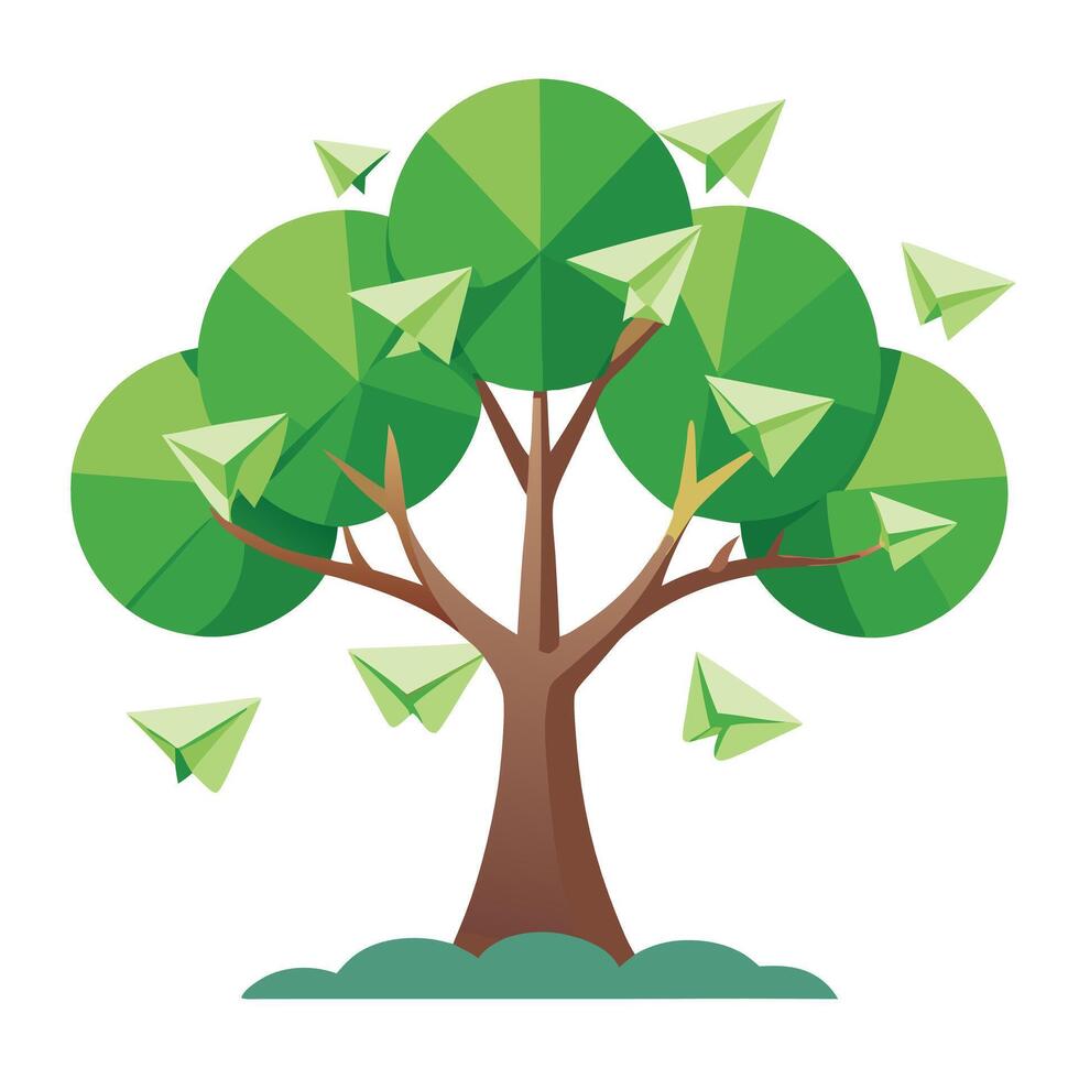 Flat Tree Design with Floating Paper Airplane Leaves Style vector