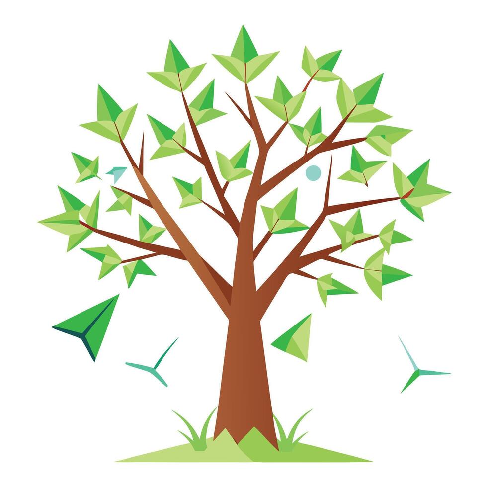 Floating Paper Airplanes Instead of Leaves for Flat Tree Design Style vector
