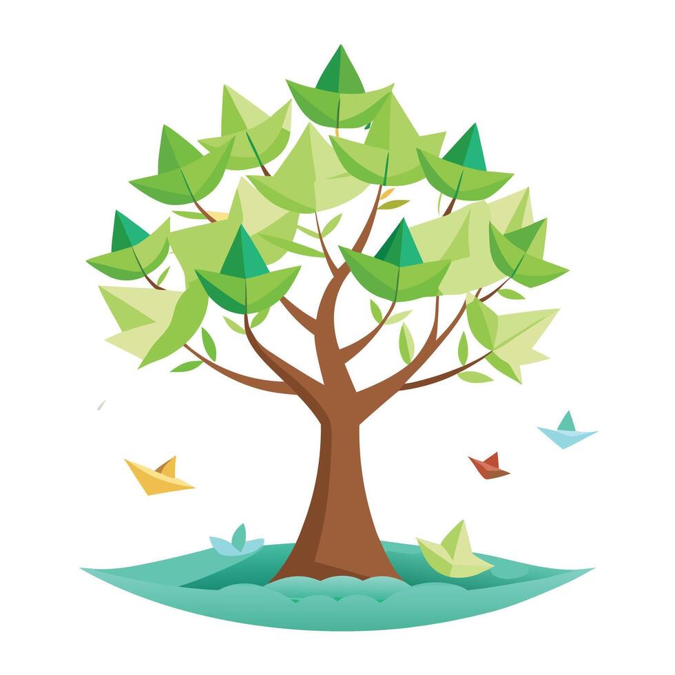 Floating Paper Boats as Leaves Generate Design for Flat Tree Style vector