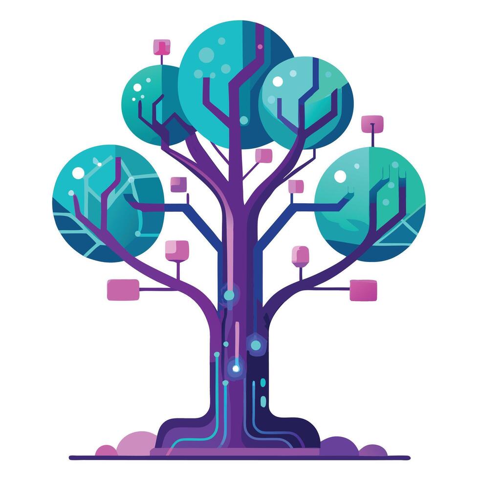 Conceptual tree illustration with bright neon lines creating futuristic circuit leaves vector