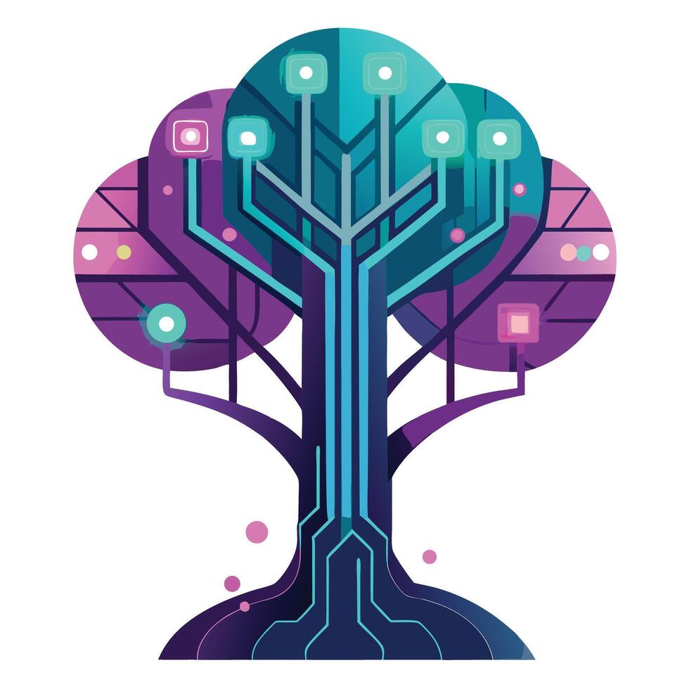 Unique tree graphic featuring glowing neon pathways as its futuristic foliage vector