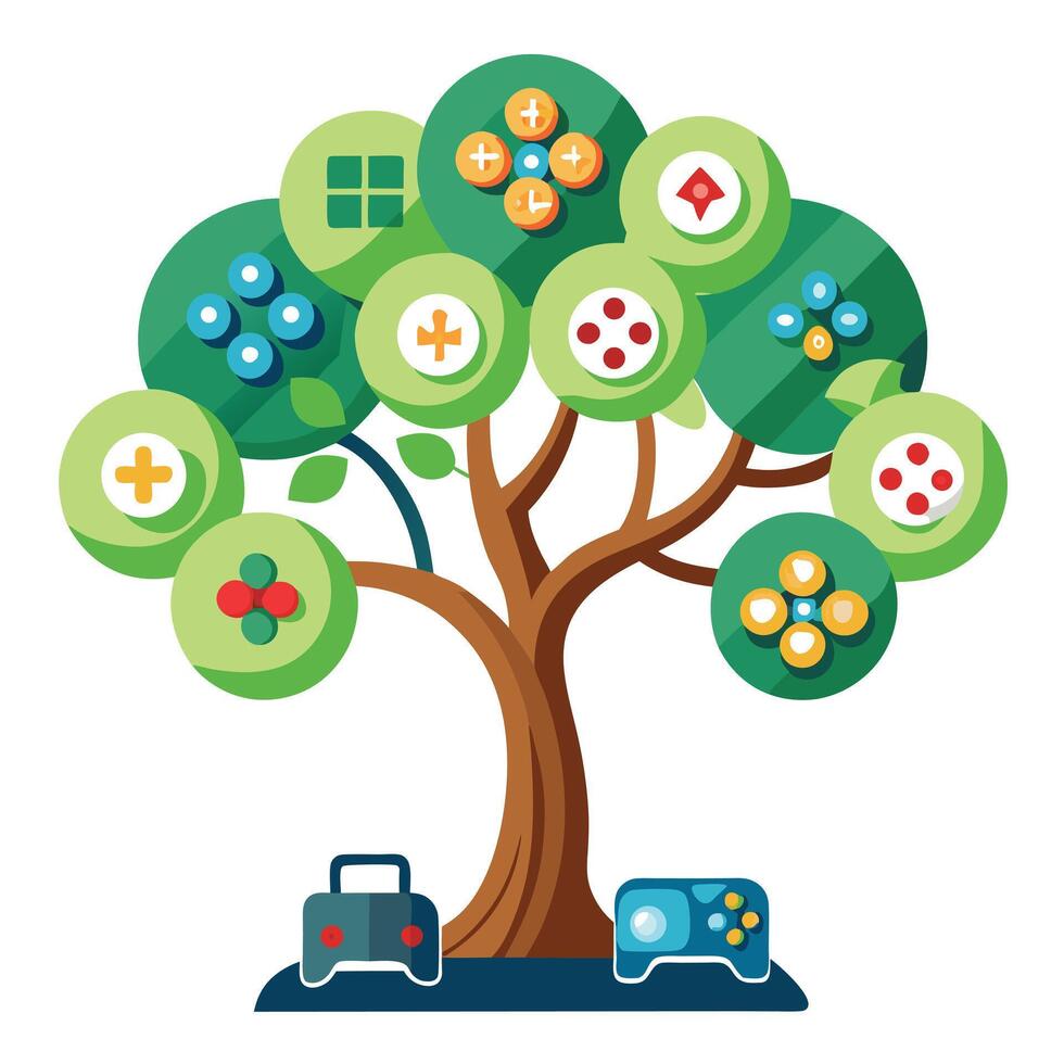 Modern tree artwork with different gaming icons forming its abstract foliage vector