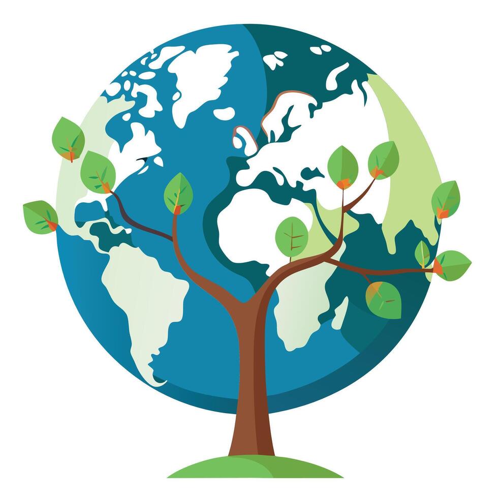 Abstract tree illustration with Earth globe and world map pieces forming foliage vector