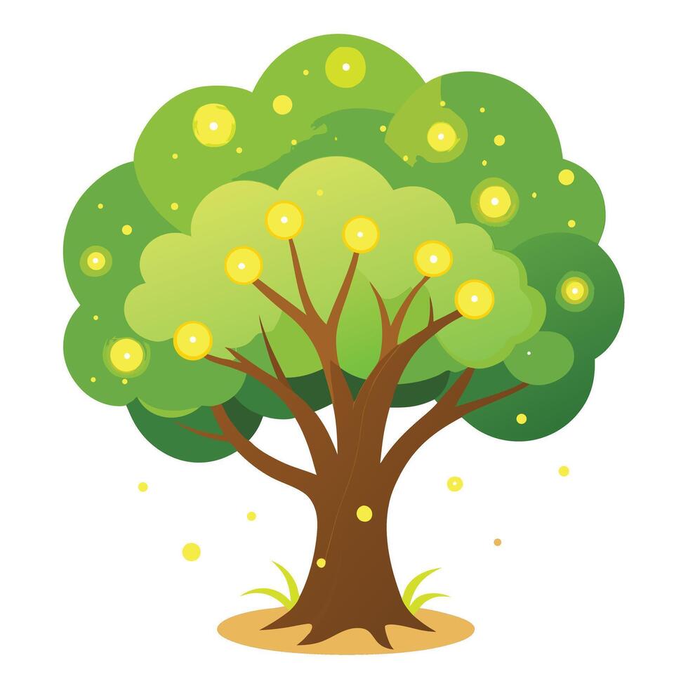 Dreamy tree illustration with fireflies emitting light as its dark-glowing foliage vector