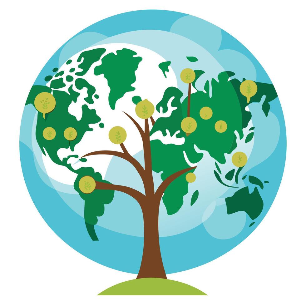 Global tree with world globe and map fragments forming its unique leaves vector