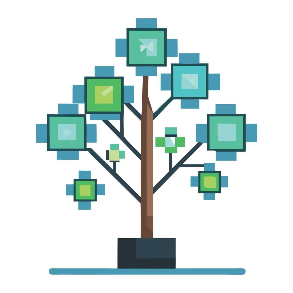 Unique tree graphic featuring radiant digital pixels as its glowing leaf design vector