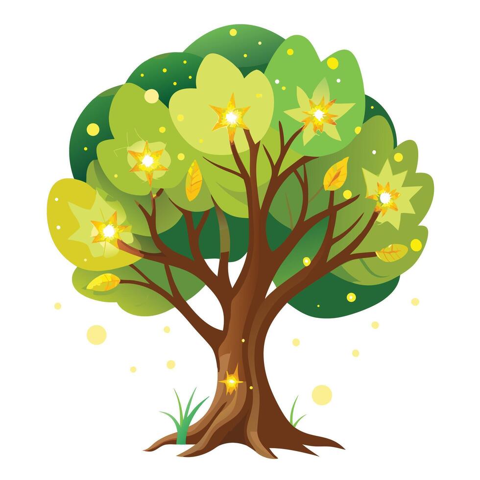 Mystical tree graphic featuring radiant firefly-resembling shapes as leaves vector