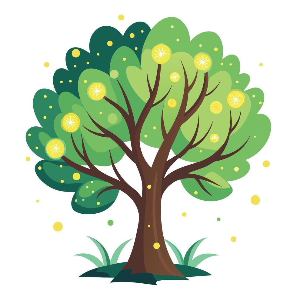 Mystical tree graphic featuring radiant firefly-inspired shapes as its leaves vector