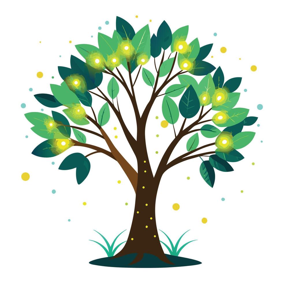 Enchanting tree design with glowing firefly-like shapes as its leaves vector