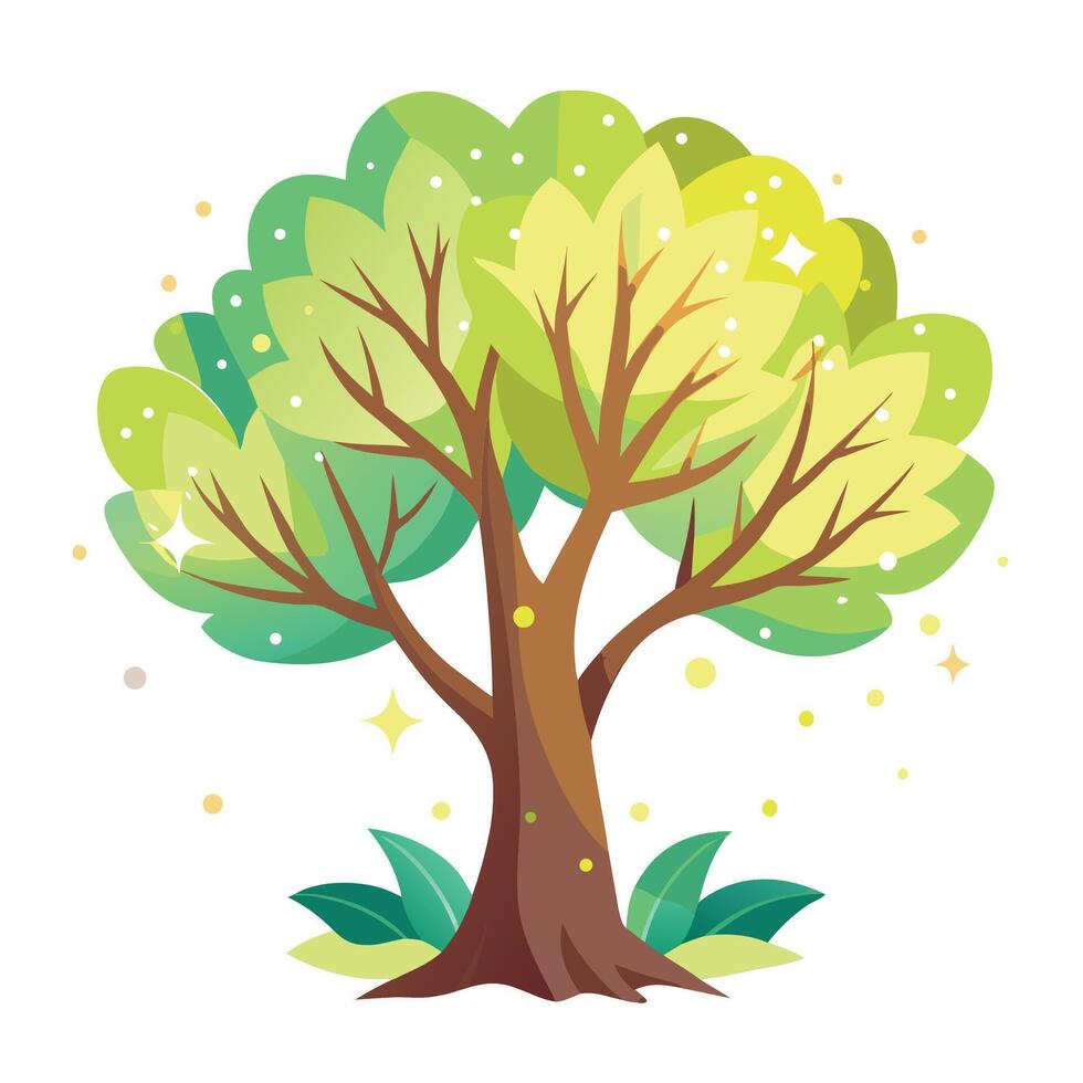 Dreamy tree illustration with bright firefly-esque patterns as leaf canopy vector