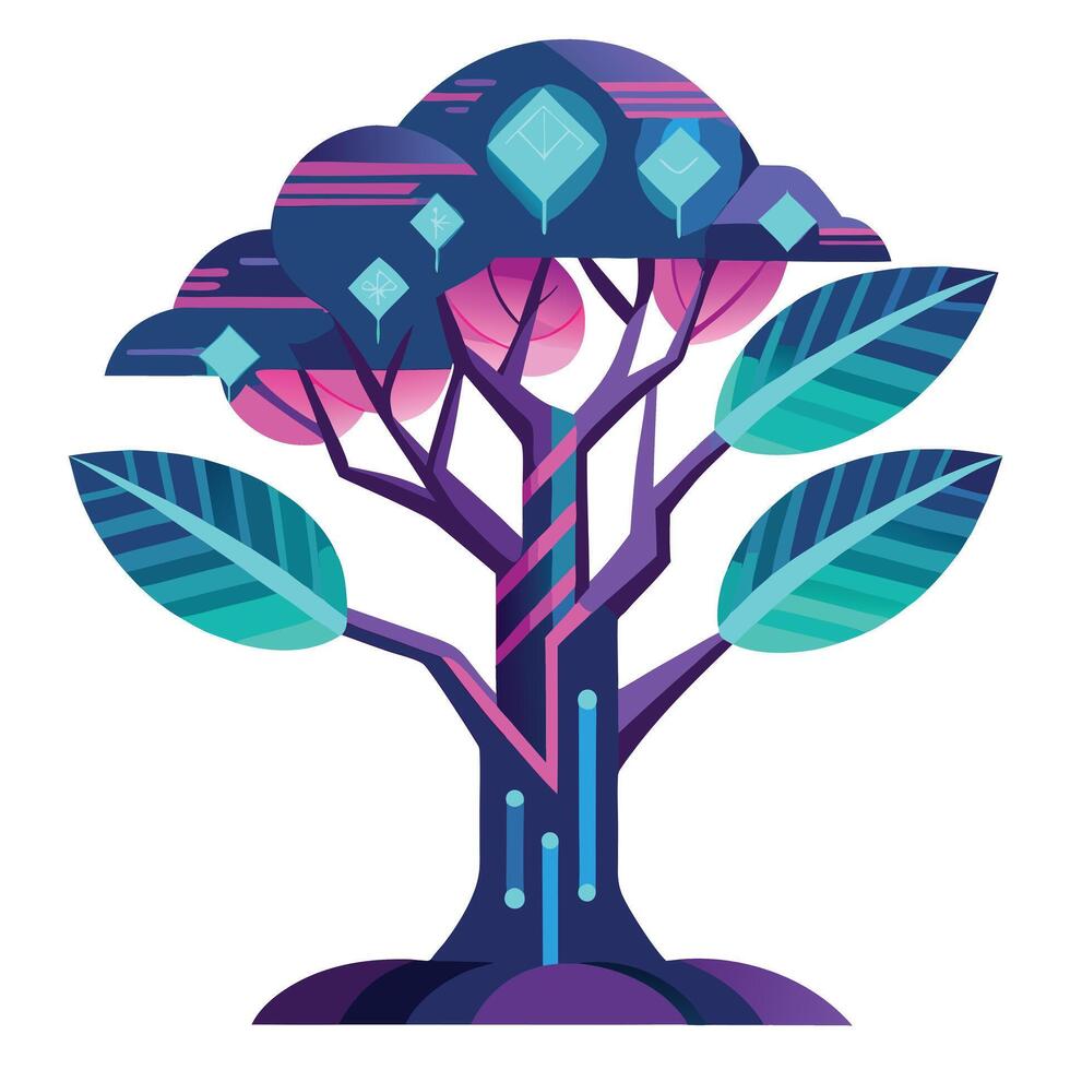 Unique tree graphic with colorful glowing neon leaves for an innovative style vector