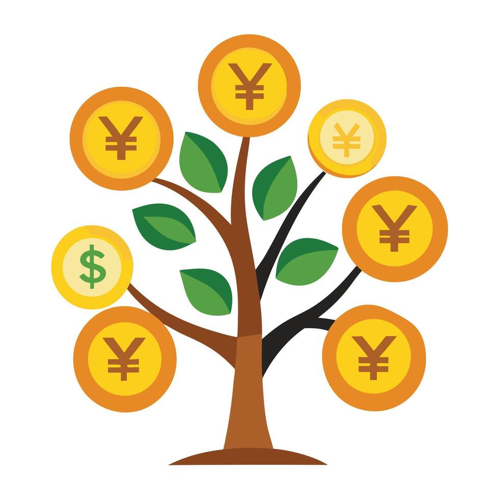 Clean tree graphic with golden money coins as its financial growth leaves vector