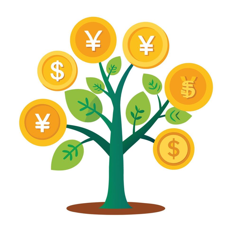 Minimalist tree artwork with golden currency coins forming its foliage vector