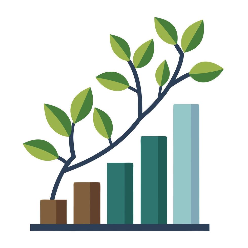 Progress tree illustration with growing bar graphs as its dynamic branches vector